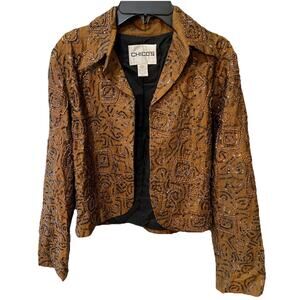 Chico's Womens Brown Beaded Jacket SIZE 0 Open Front Lux Embroidered Cocktail
